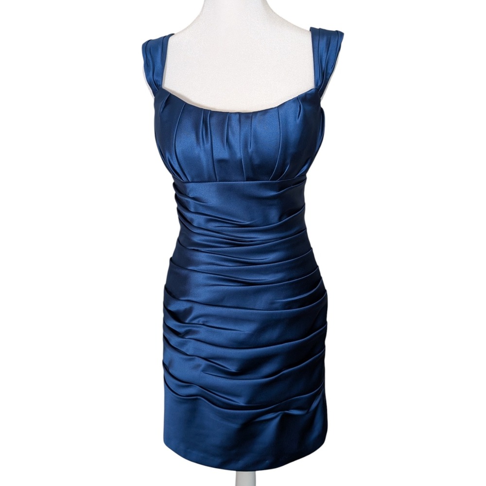 Bill Levkoff Navy Blue Satin Ruched Bodycon Cocktail Bridesmaid Dress Size 4